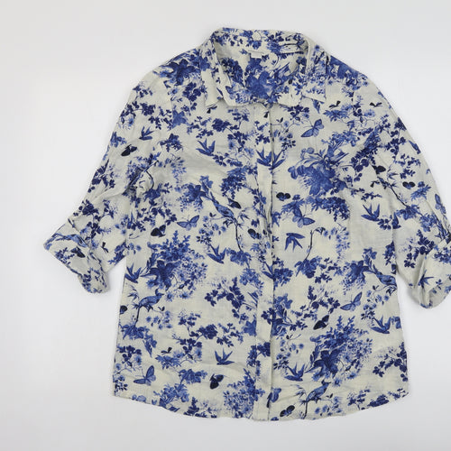 Monsoon Womens Blue Geometric Cotton Basic Button-Up Size 12 Collared