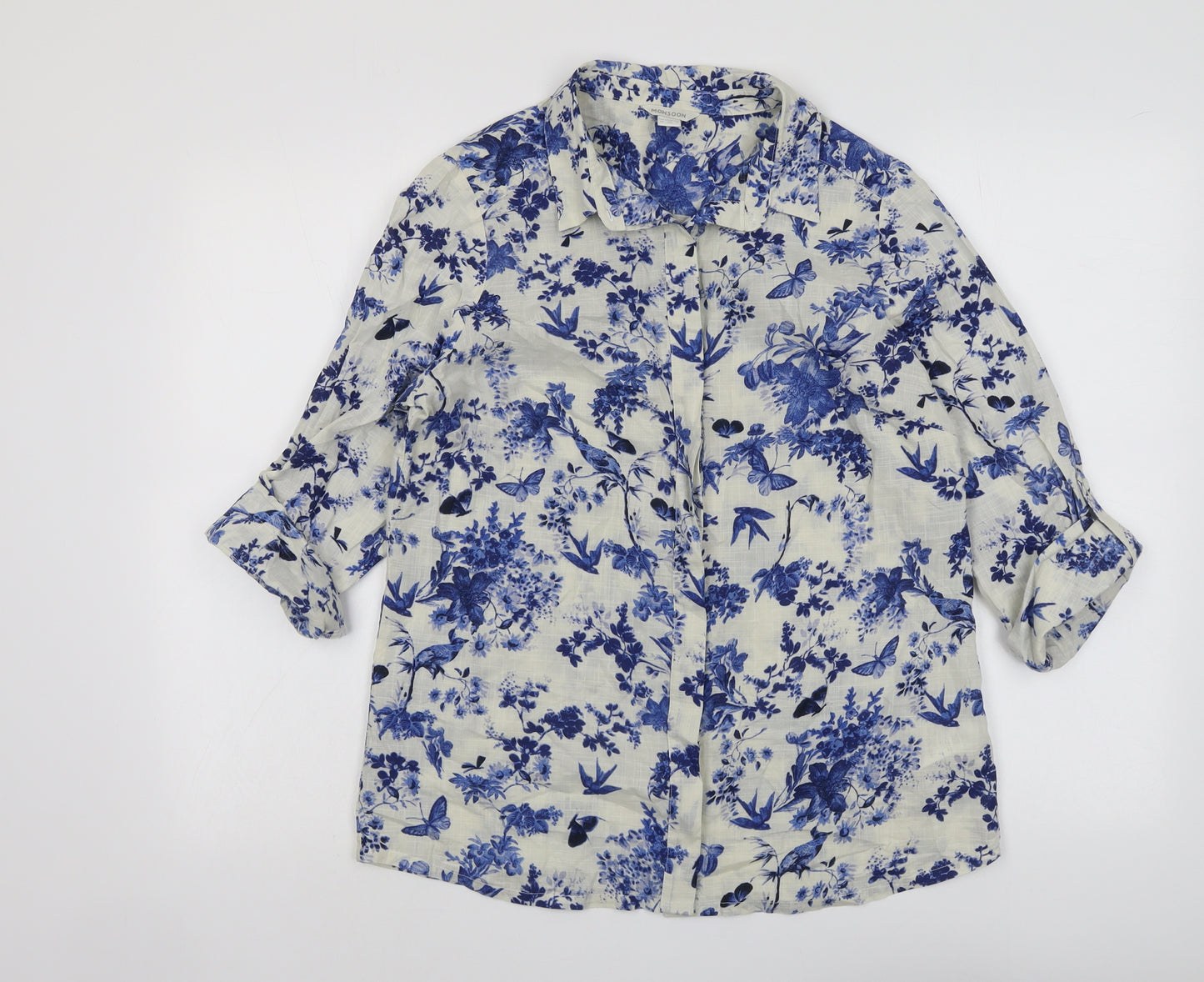 Monsoon Womens Blue Geometric Cotton Basic Button-Up Size 12 Collared
