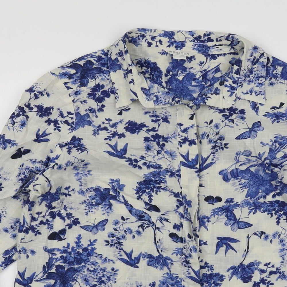 Monsoon Womens Blue Geometric Cotton Basic Button-Up Size 12 Collared