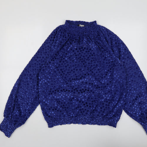 Marks and Spencer Womens Blue Polka Dot Polyester Basic Blouse Size 14 Mock Neck