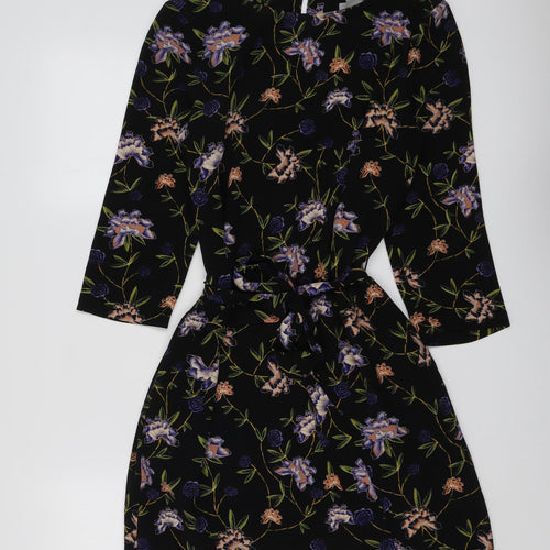 H&M Womens Black Floral Polyester A-Line Size 10 Round Neck Button