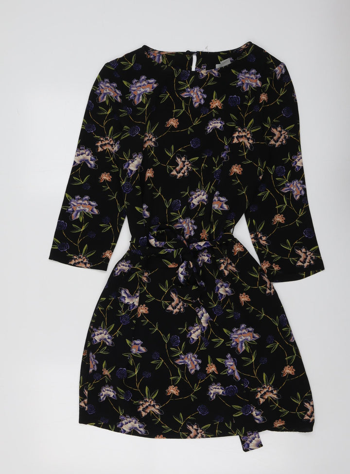 H&M Womens Black Floral Polyester A-Line Size 10 Round Neck Button