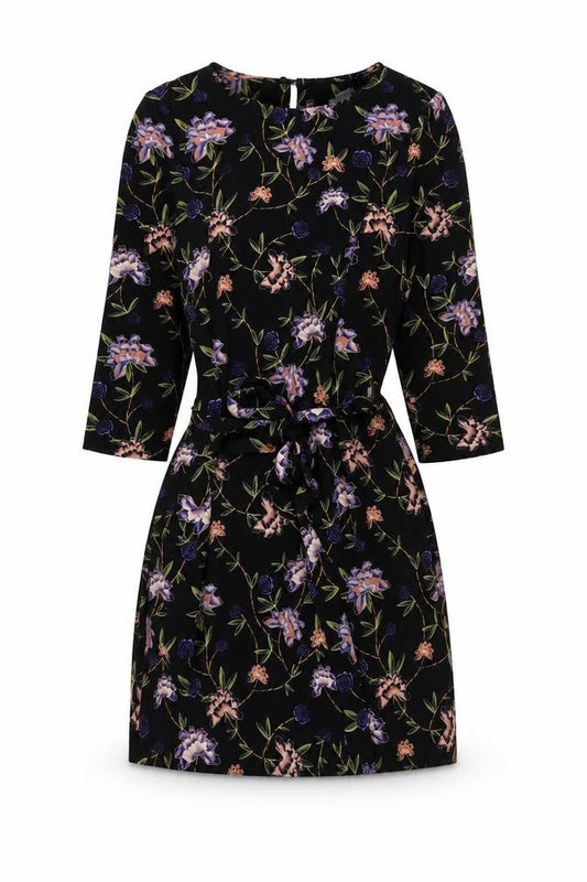 Front view of H&M women’s black floral polyester a-line, size UK 10, round neck button