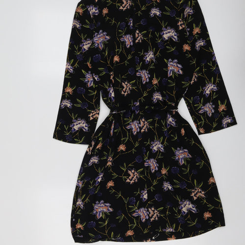 H&M Womens Black Floral Polyester A-Line Size 10 Round Neck Button
