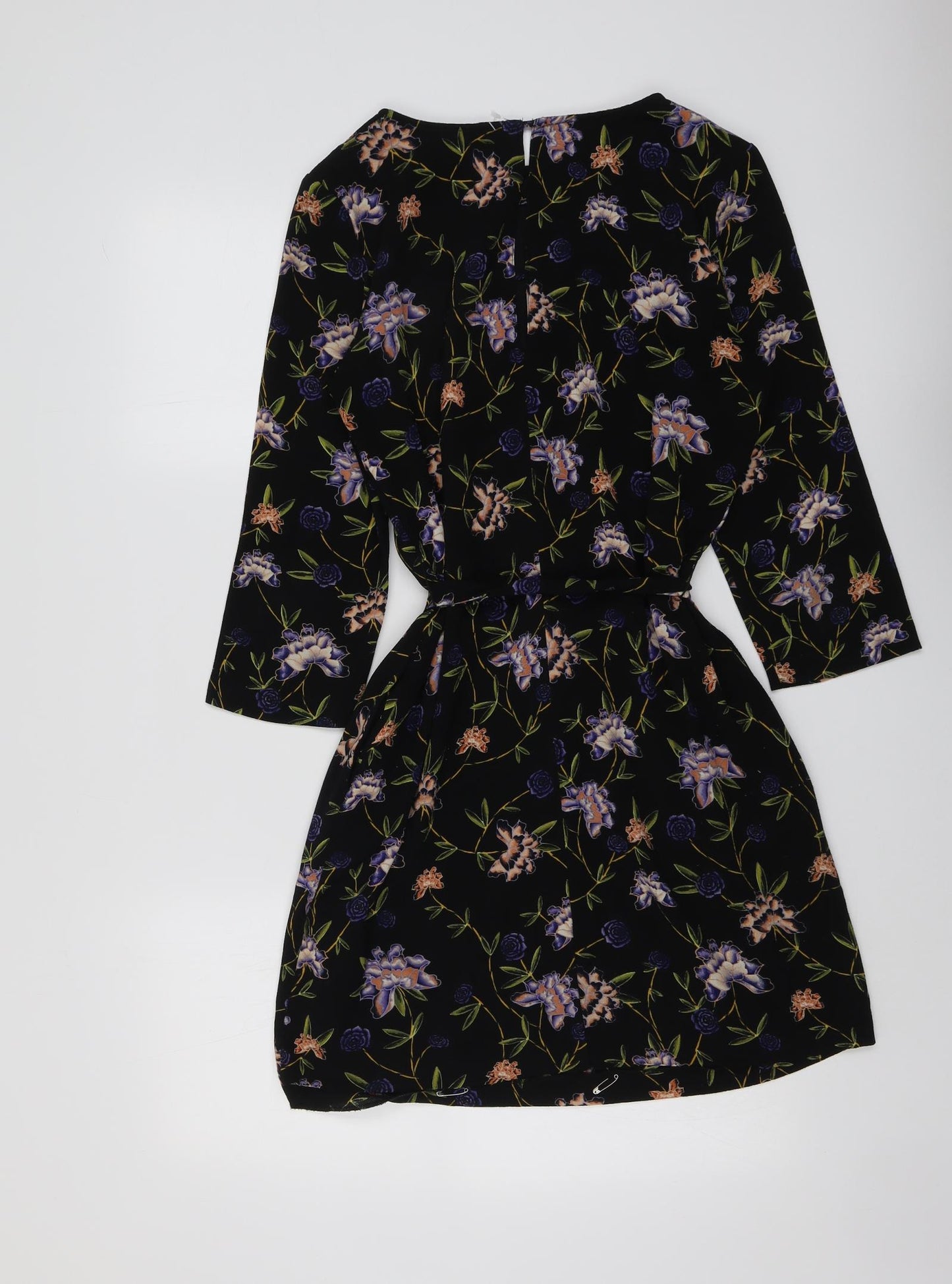 H&M Womens Black Floral Polyester A-Line Size 10 Round Neck Button