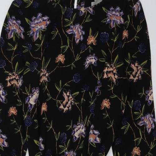 H&M Womens Black Floral Polyester A-Line Size 10 Round Neck Button
