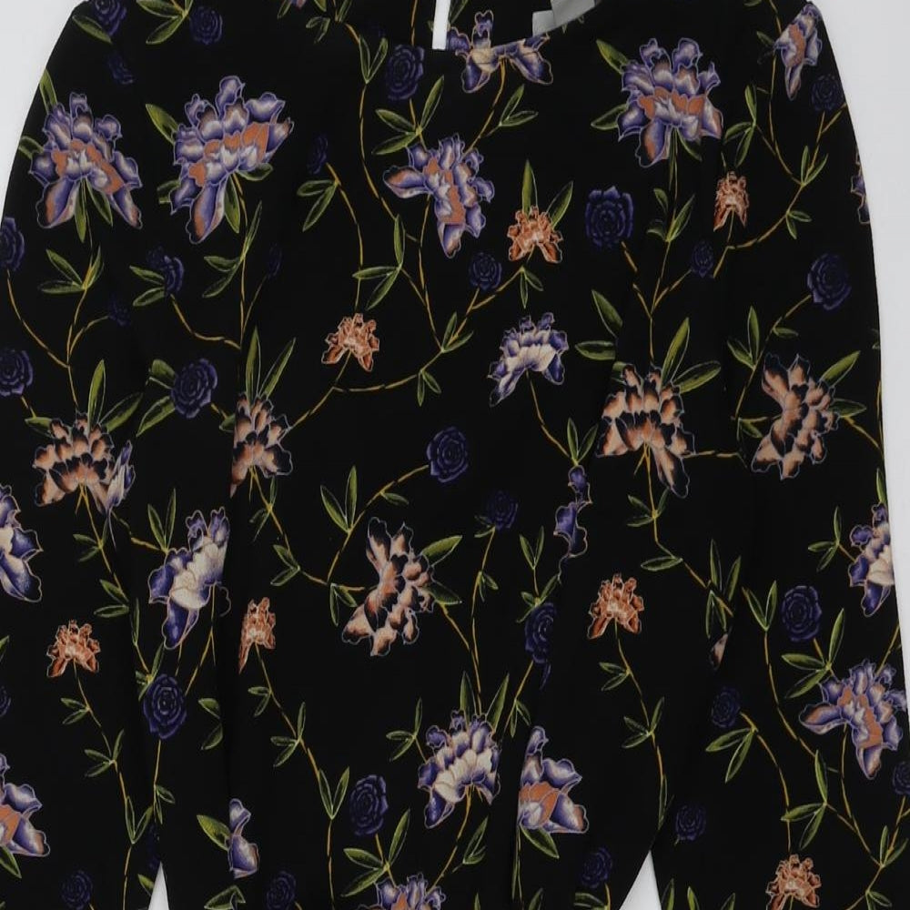 H&M Womens Black Floral Polyester A-Line Size 10 Round Neck Button