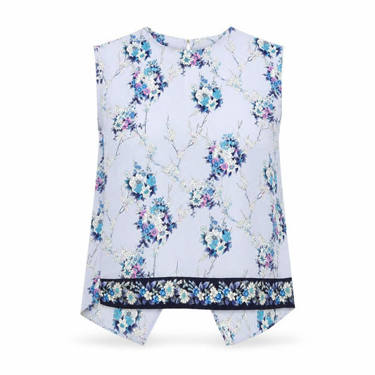 Front view of Oasis women’s blue floral polyester basic tank, size UK 8, round neck