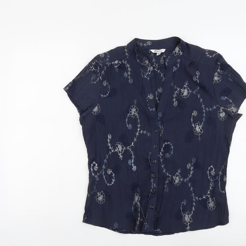 M&Co Womens Blue Floral Cotton Basic Button-Up Size 14 V-Neck