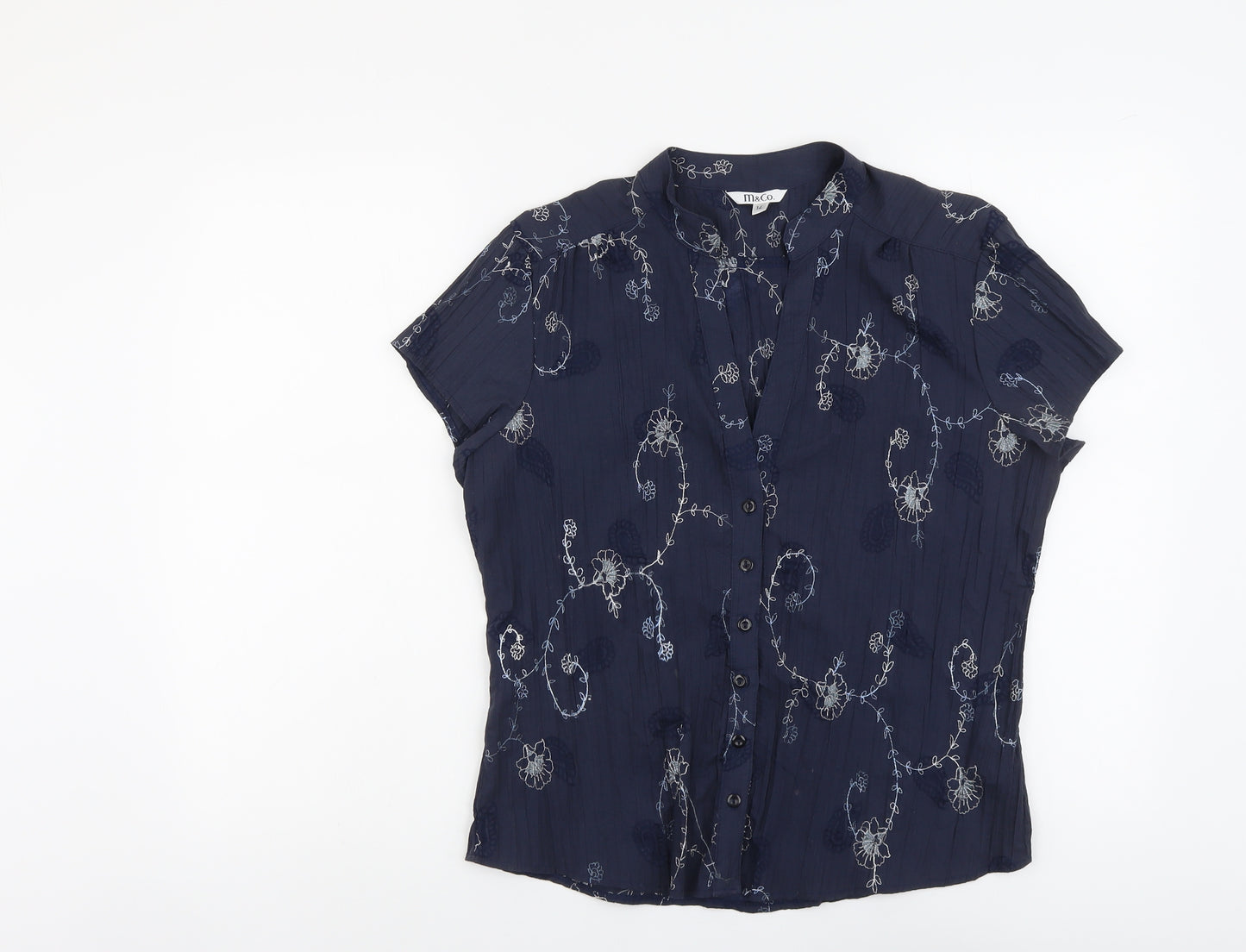 M&Co Womens Blue Floral Cotton Basic Button-Up Size 14 V-Neck