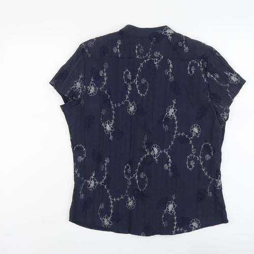 M&Co Womens Blue Floral Cotton Basic Button-Up Size 14 V-Neck