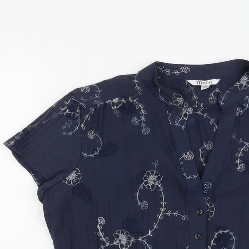 M&Co Womens Blue Floral Cotton Basic Button-Up Size 14 V-Neck