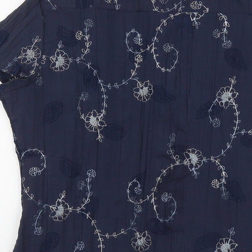 M&Co Womens Blue Floral Cotton Basic Button-Up Size 14 V-Neck