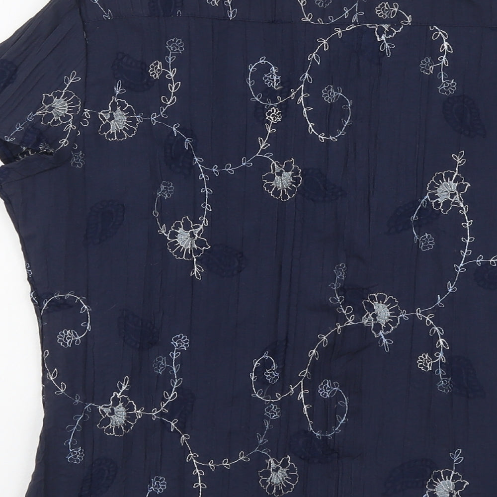 M&Co Womens Blue Floral Cotton Basic Button-Up Size 14 V-Neck