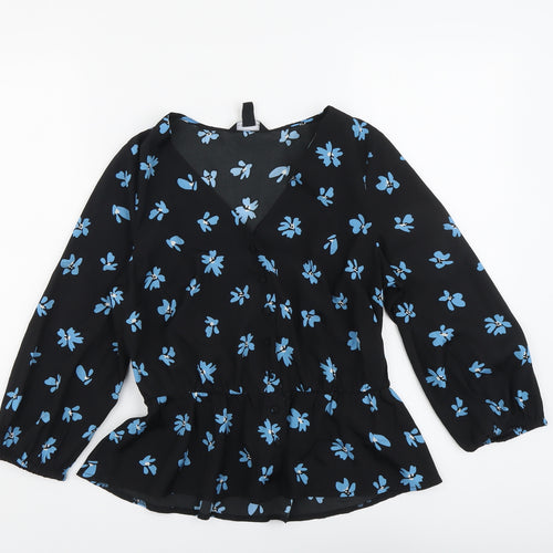 New Look Womens Black Floral Polyester Basic Blouse Size 8 V-Neck
