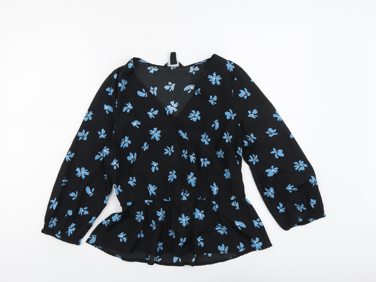 New Look Womens Black Floral Polyester Basic Blouse Size 8 V-Neck