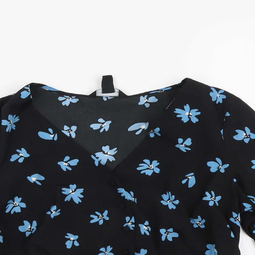 New Look Womens Black Floral Polyester Basic Blouse Size 8 V-Neck