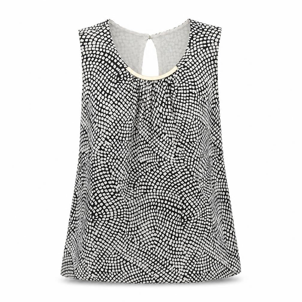 Front view of H&M women’s beige geometric viscose basic tank, size M, round neck