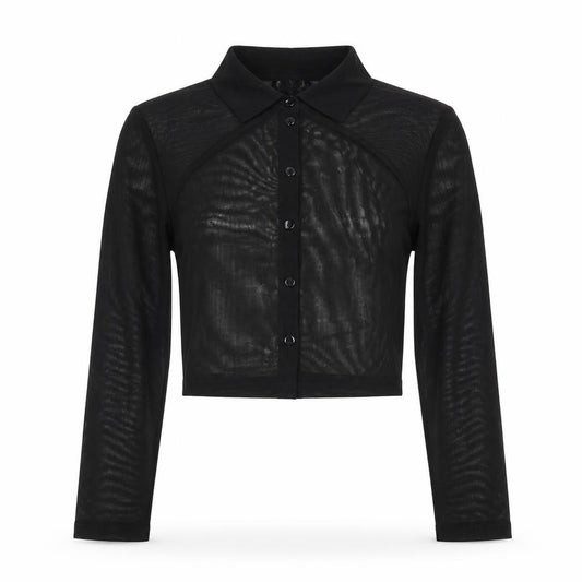 Front view of ASOS women’s black polyester cropped button-up, size UK 8, collared