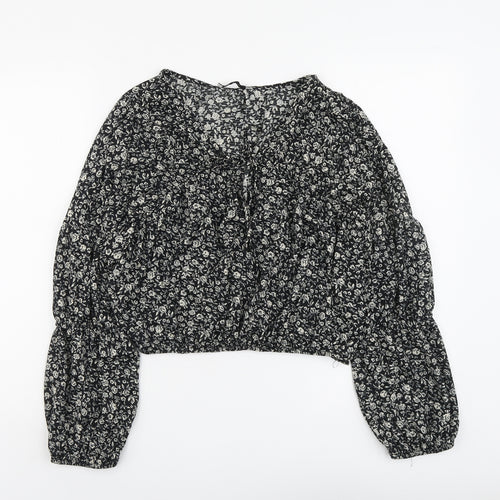 Pull&Bear Womens Black Floral Polyester Basic Blouse Size L V-Neck