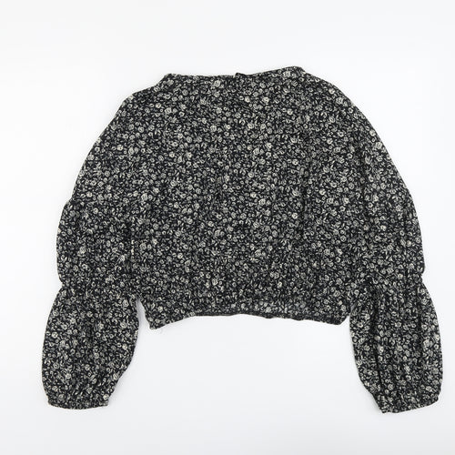 Pull&Bear Womens Black Floral Polyester Basic Blouse Size L V-Neck