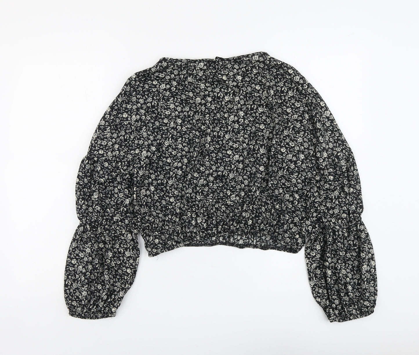 Pull&Bear Womens Black Floral Polyester Basic Blouse Size L V-Neck