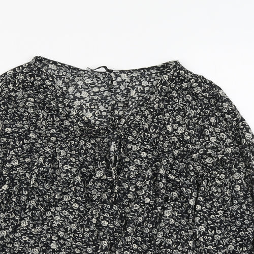 Pull&Bear Womens Black Floral Polyester Basic Blouse Size L V-Neck