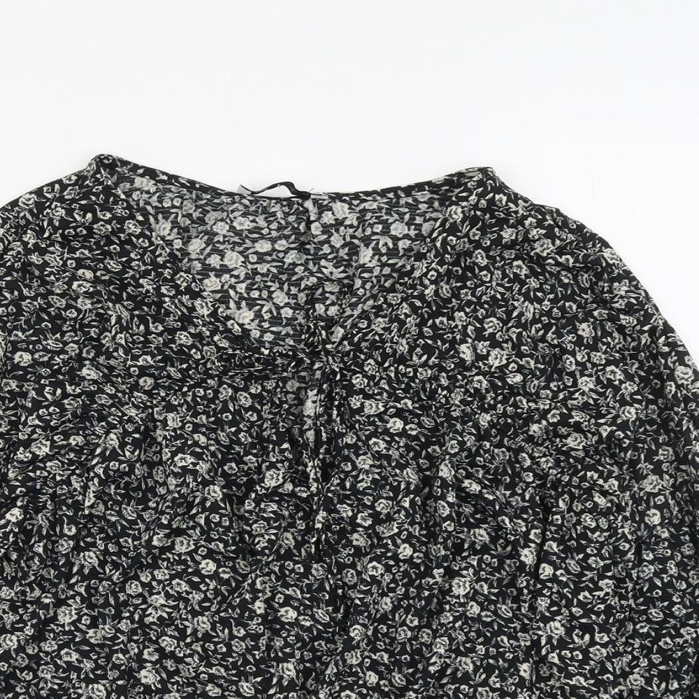 Pull&Bear Womens Black Floral Polyester Basic Blouse Size L V-Neck