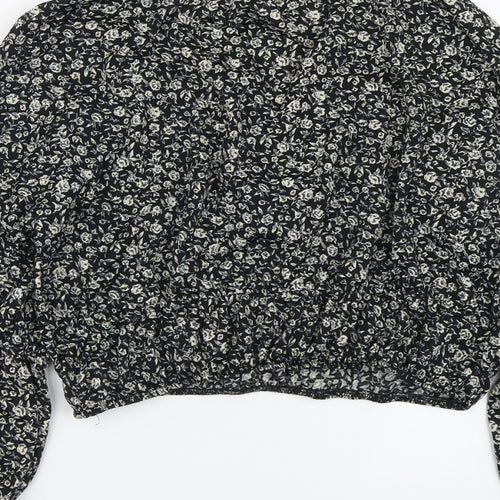 Pull&Bear Womens Black Floral Polyester Basic Blouse Size L V-Neck