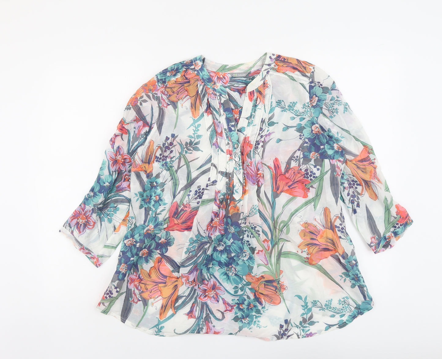 Marks and Spencer Womens Multicoloured Floral Cotton Basic Blouse Size 14 V-Neck