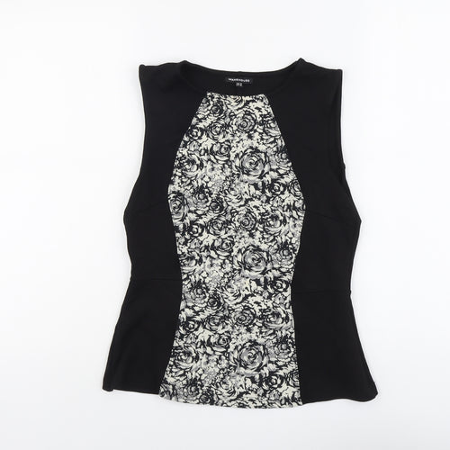 Warehouse Womens Black Floral Viscose Basic Tank Size 12 Round Neck