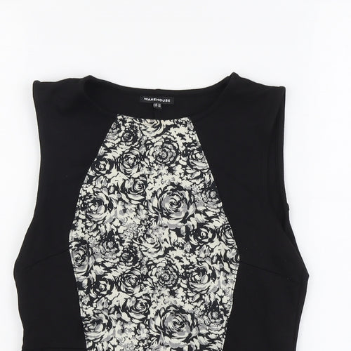 Warehouse Womens Black Floral Viscose Basic Tank Size 12 Round Neck