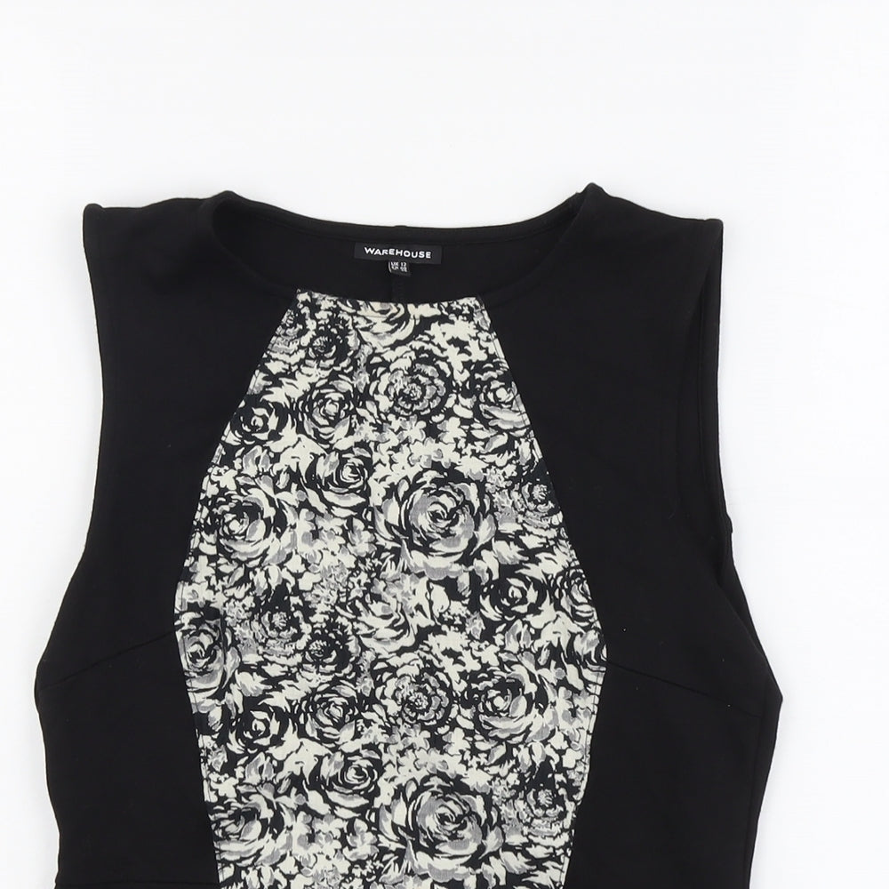 Warehouse Womens Black Floral Viscose Basic Tank Size 12 Round Neck