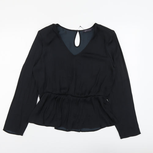 Marks and Spencer Womens Black Polyester Basic Blouse Size 14 V-Neck