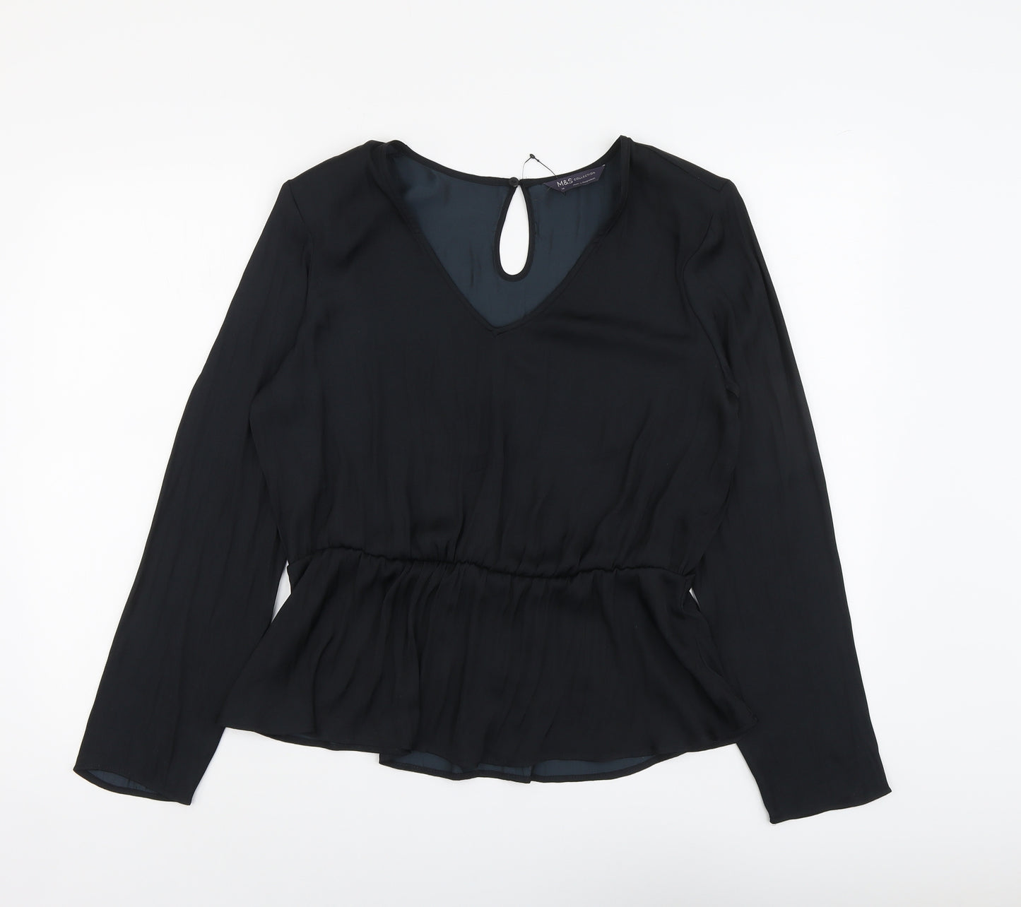 Marks and Spencer Womens Black Polyester Basic Blouse Size 14 V-Neck