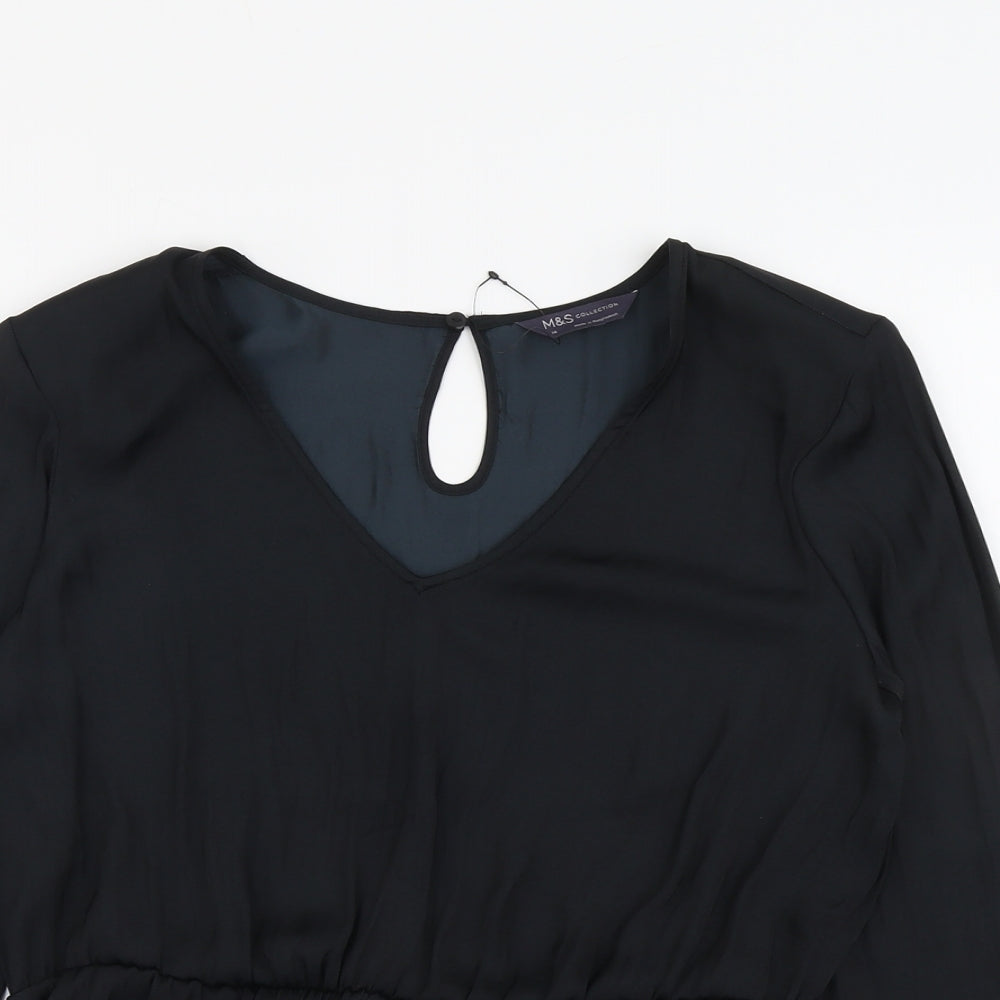 Marks and Spencer Womens Black Polyester Basic Blouse Size 14 V-Neck