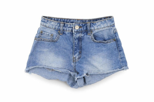 Front view of Forever 21 women’s blue cotton cut-off shorts, size UK 24, in, 3-inch leg regular button