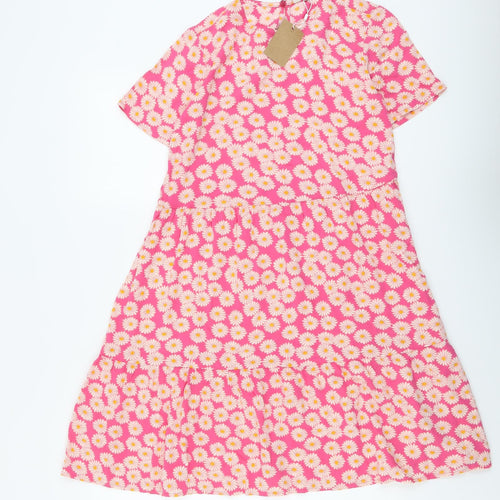 Pieces Girls Pink Floral Viscose Skater Dress Size 13-14 Years Round Neck Pullover - Daisy Print