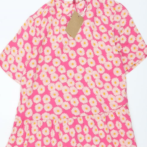 Pieces Girls Pink Floral Viscose Skater Dress Size 13-14 Years Round Neck Pullover - Daisy Print