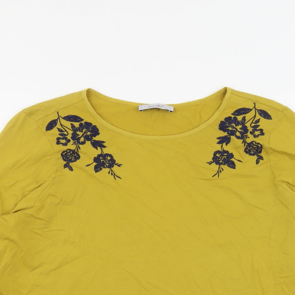 Per Una Womens Yellow Cotton Basic T-Shirt Size 16 Round Neck - Flower