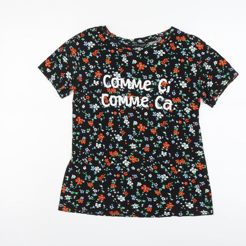 Dorothy Perkins Womens Black Floral Viscose Basic T-Shirt Size 10 Round Neck - Comme Ci Comme Ca