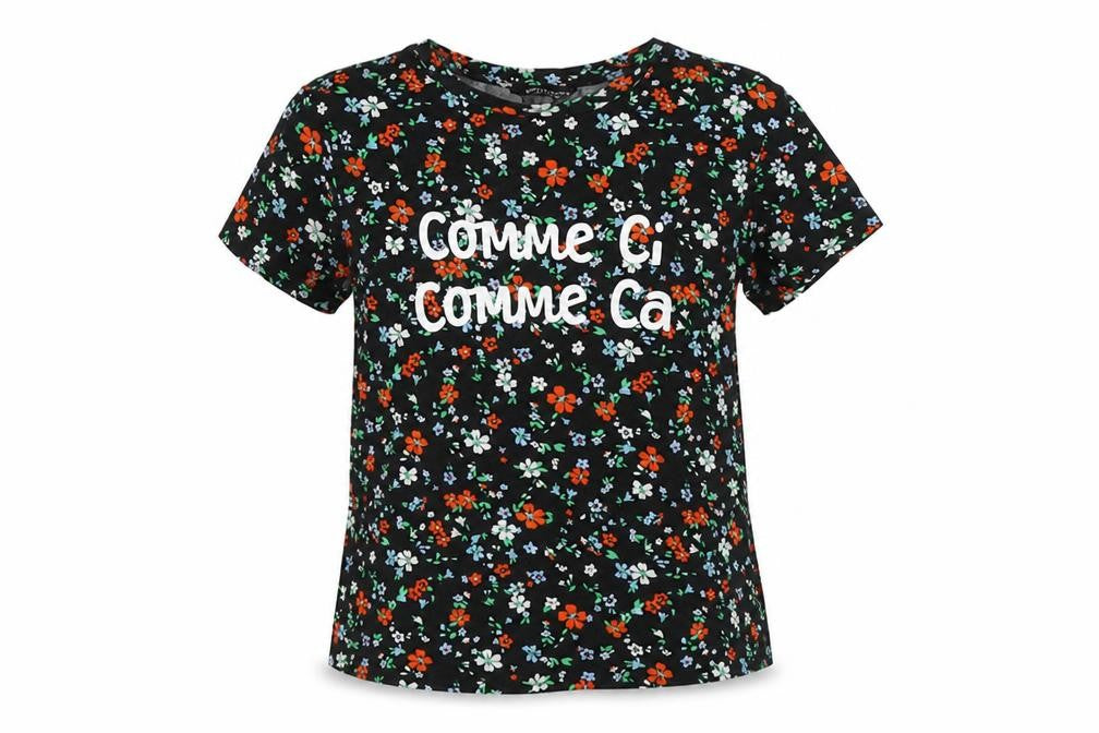 Dorothy Perkins Womens Black Floral Viscose Basic T-Shirt Size 10 Round Neck - Comme Ci Comme Ca