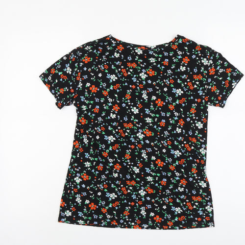 Dorothy Perkins Womens Black Floral Viscose Basic T-Shirt Size 10 Round Neck - Comme Ci Comme Ca