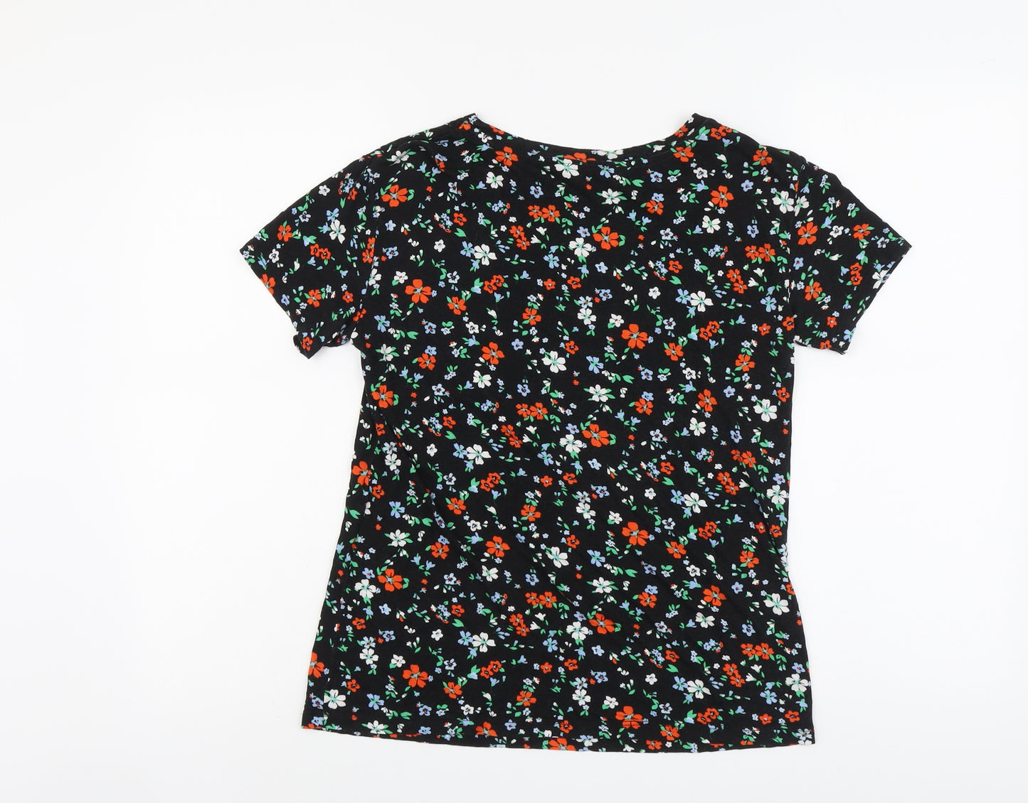 Dorothy Perkins Womens Black Floral Viscose Basic T-Shirt Size 10 Round Neck - Comme Ci Comme Ca
