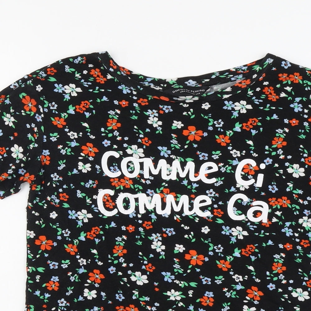Dorothy Perkins Womens Black Floral Viscose Basic T-Shirt Size 10 Round Neck - Comme Ci Comme Ca
