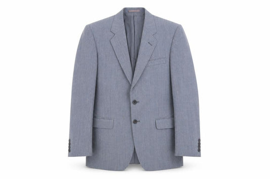 Front view of Marks & Spencer men’s blue striped viscose jacket suit jacket, size 38, regular