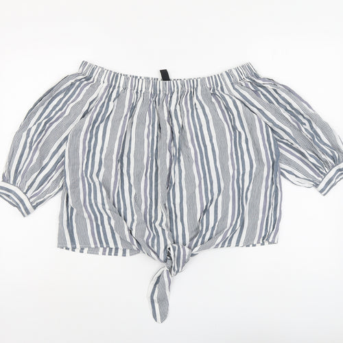 New Look Womens Grey Striped Viscose Basic Blouse Size 14 Off the Shoulder - Knot Front