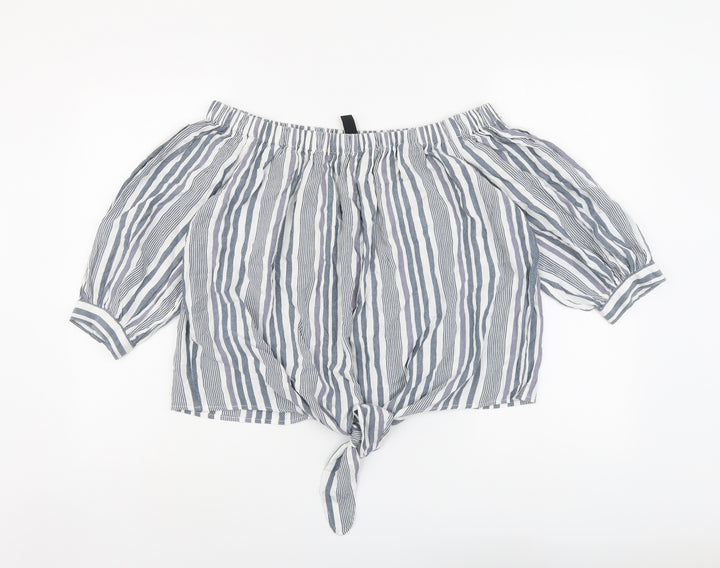 New Look Womens Grey Striped Viscose Basic Blouse Size 14 Off the Shoulder - Knot Front