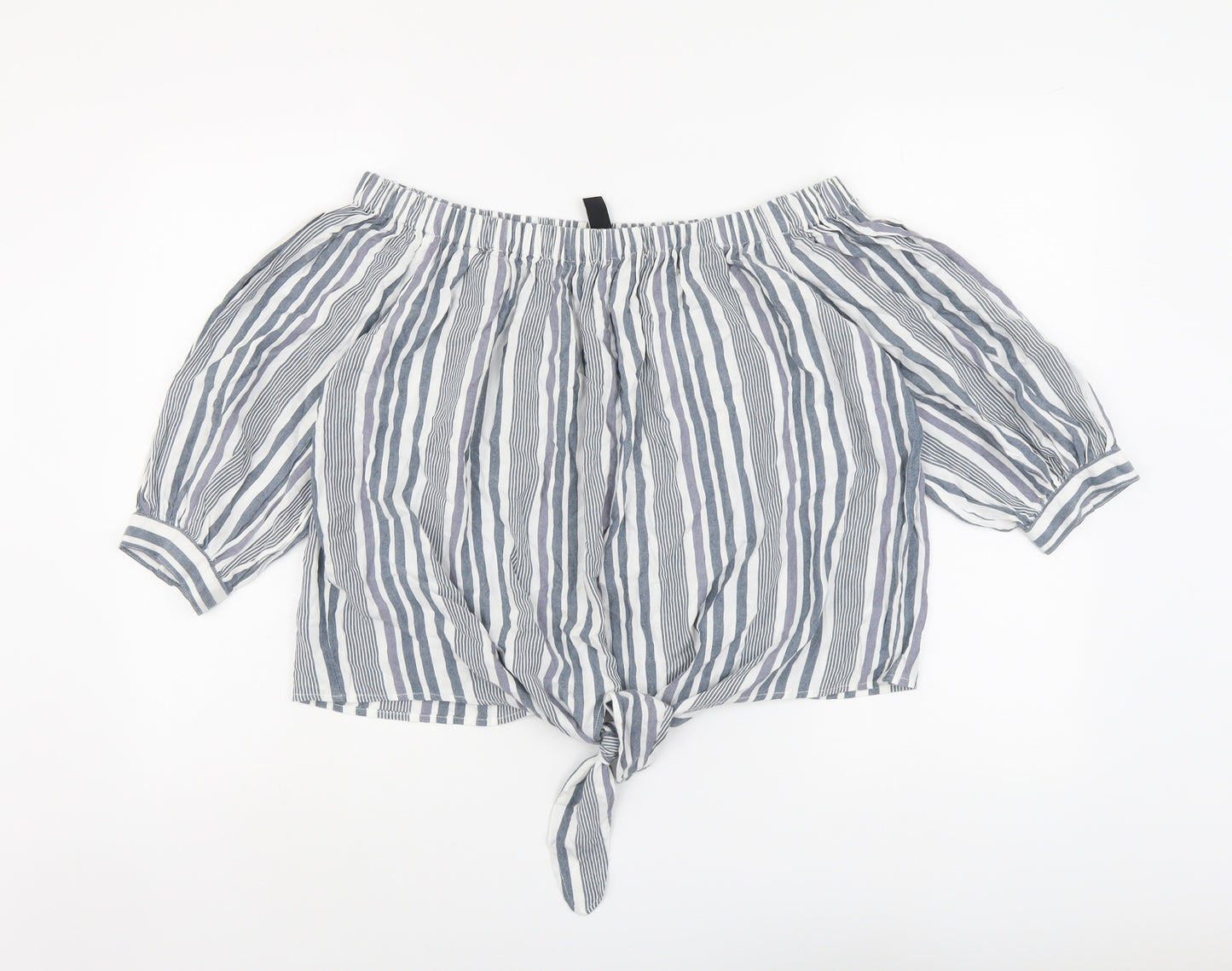 New Look Womens Grey Striped Viscose Basic Blouse Size 14 Off the Shoulder - Knot Front