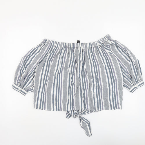 New Look Womens Grey Striped Viscose Basic Blouse Size 14 Off the Shoulder - Knot Front